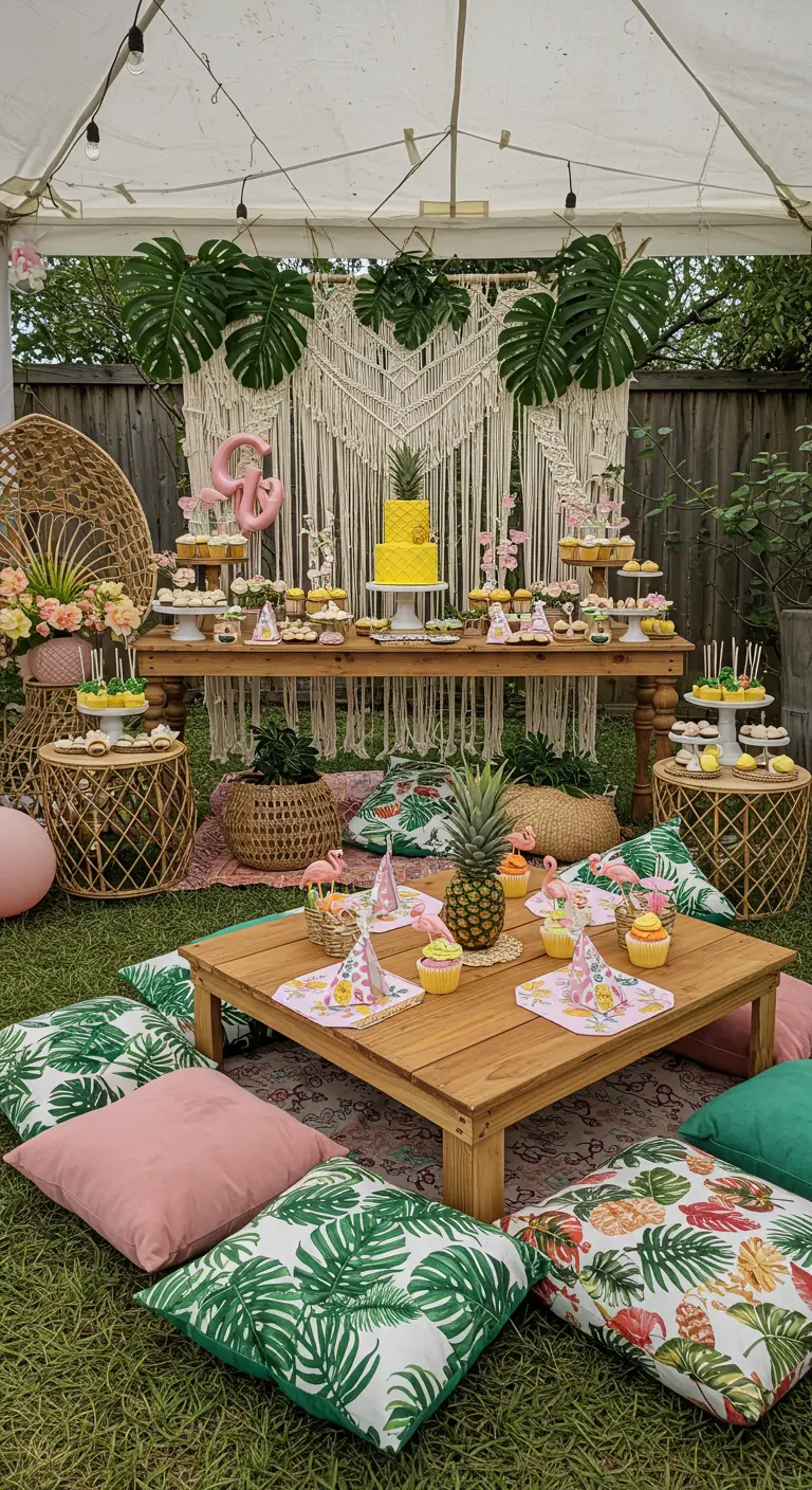 Picnic de cumpleaños tropical con cojines, mesa baja y un fondo de macramé.