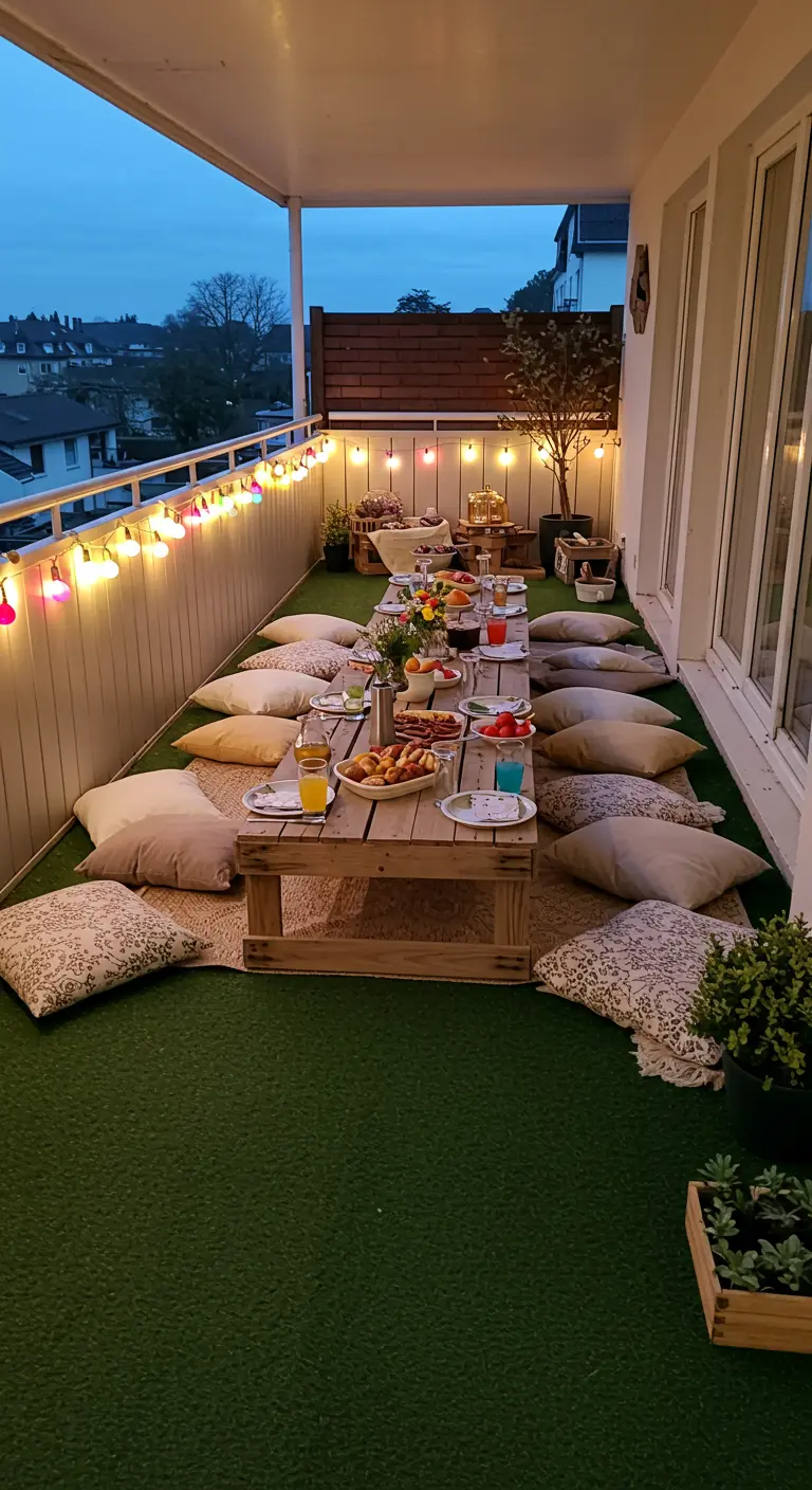 Balcón preparado para un picnic con una mesa baja de palet, cojines en el suelo de césped artificial y luces de colores