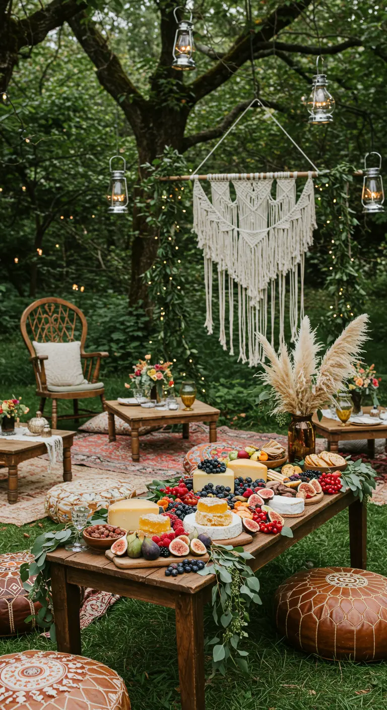 Mesa de quesos estilo pícnic bohemio en un jardín con macramé.