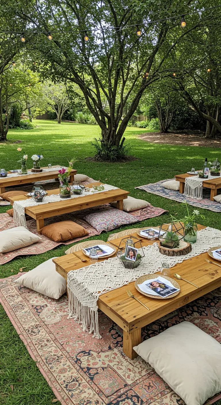 Picnic bohemio en un jardín con mesas bajas, alfombras, cojines y fotos en terrarios.