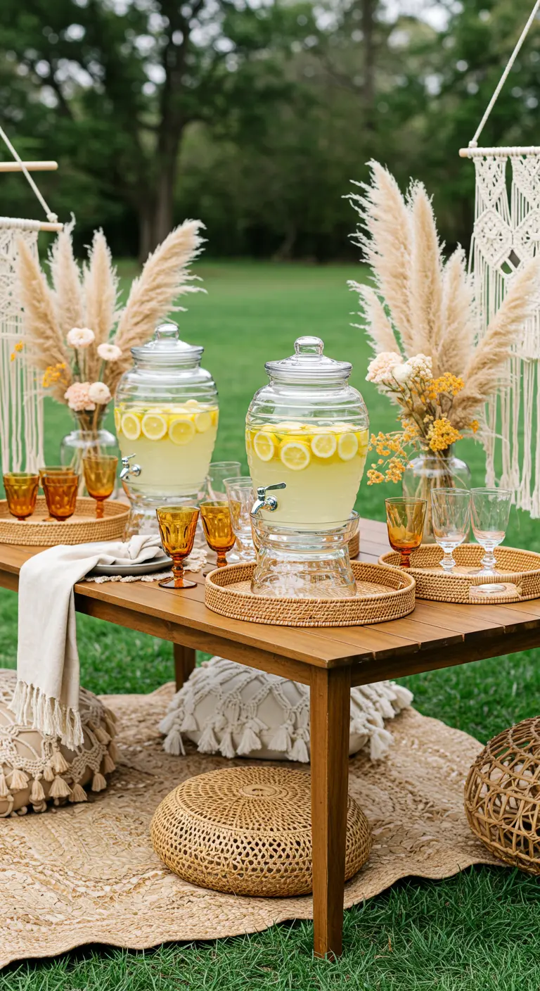Picnic bohemio con mesa baja, cojines de yute, macramé y dispensadores de limonada.