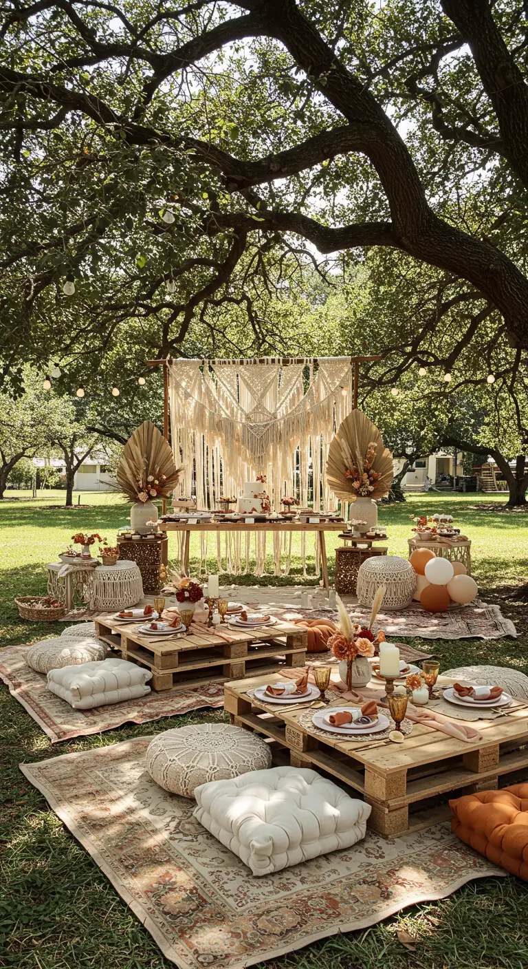 Fiesta de cumpleaños boho al aire libre con mesas de palets y un gran telón de fondo de macramé.