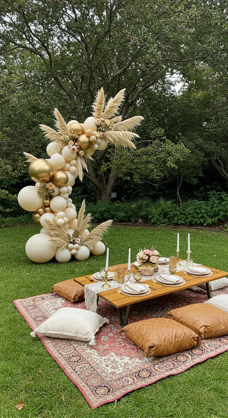 Instalación de globos blancos y dorados con hierba de la pampa para un picnic.