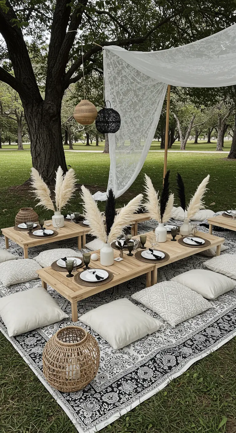Picnic bohemio al aire libre con mesas bajas, cojines y decoración en blanco y negro.