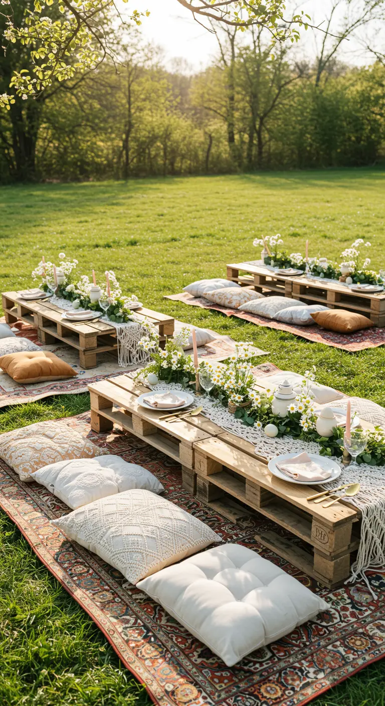 Picnic boho en el césped con mesas de palets y guirnaldas de margaritas.