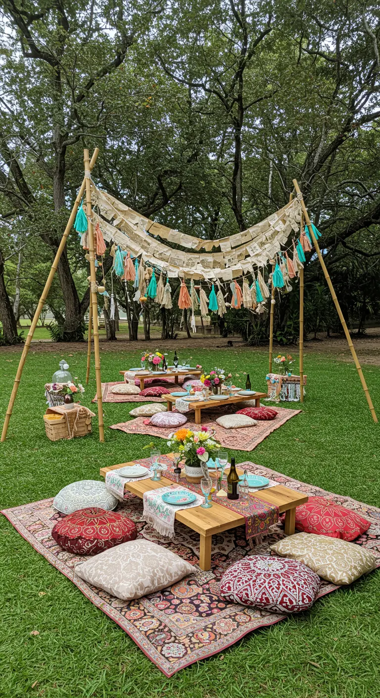 Zona de picnic boho con un dosel de tela, borlas de colores, alfombras y cojines en el césped.