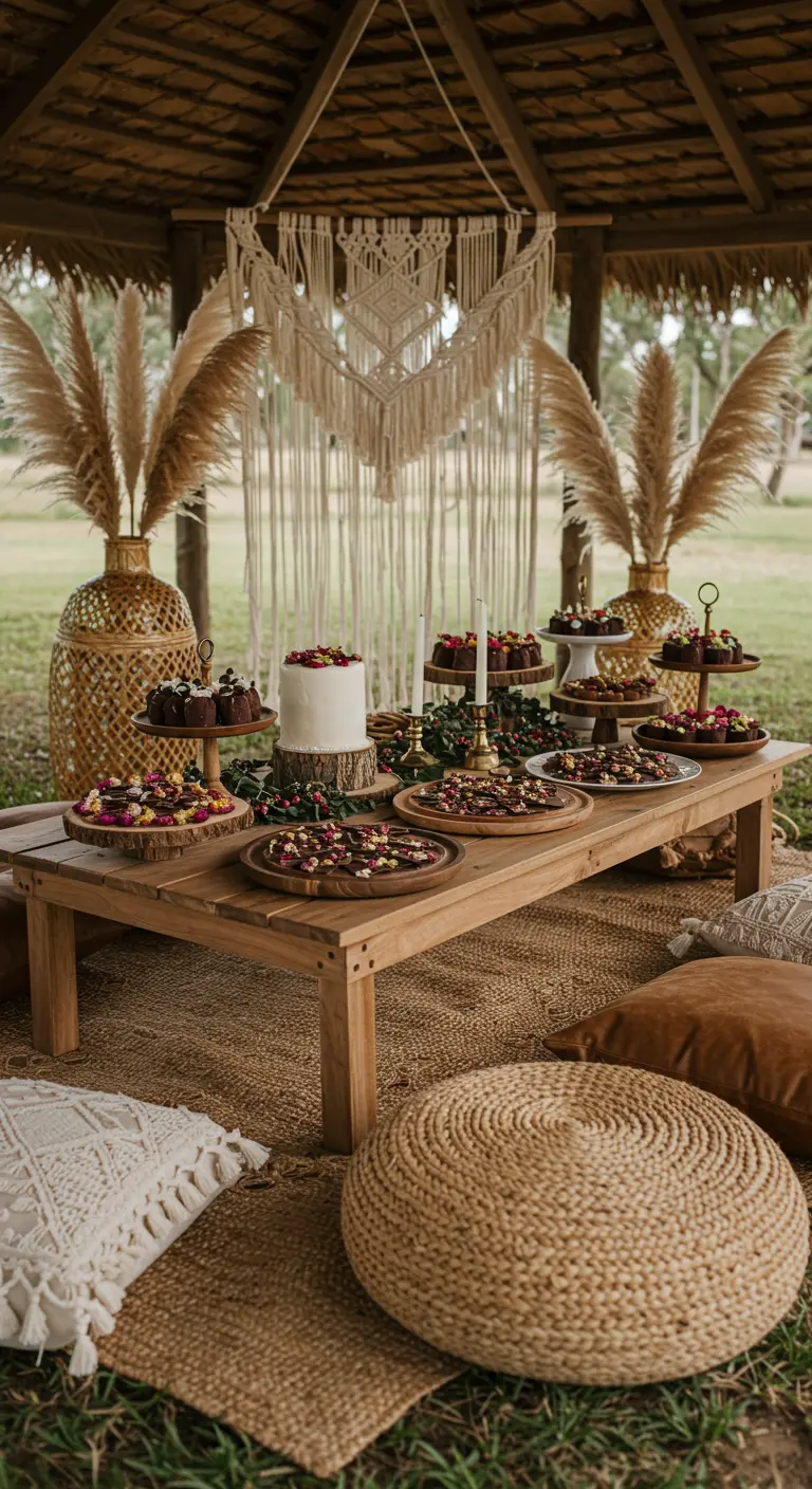 Mesa de postres baja de estilo boho con cojines en el suelo y un tapiz de macramé.