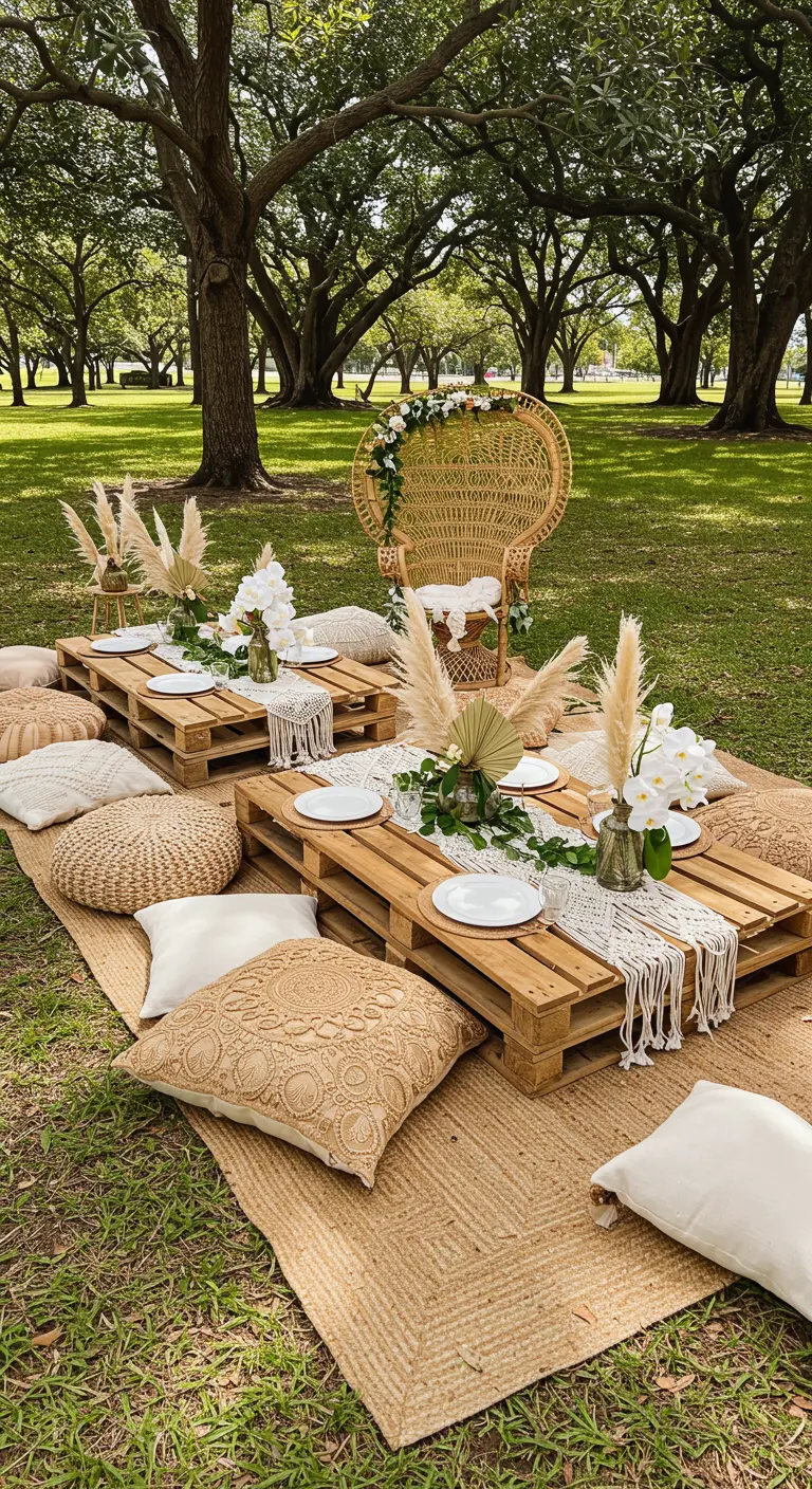 Picnic bohemio en el césped con palets de madera, cojines y hierba de pampa.