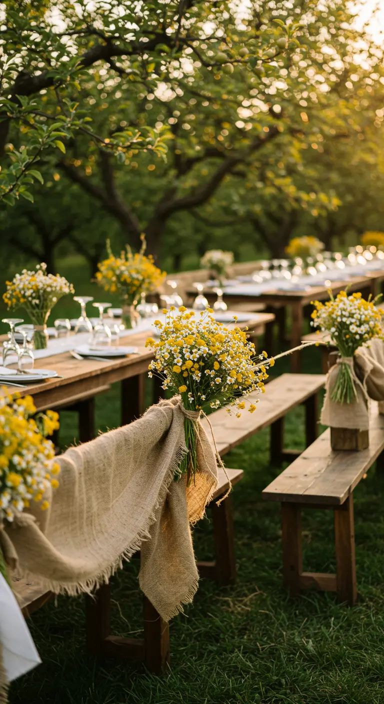Bancos de madera en un jardín con tela de arpillera y ramos de manzanilla.