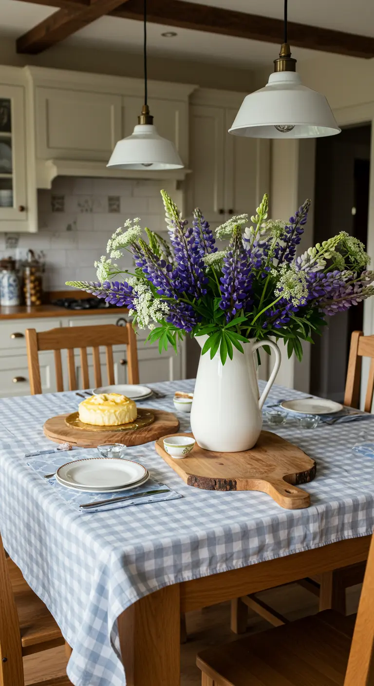 Mesa de cocina rústica con mantel de cuadros azules y un jarrón de flores silvestres.