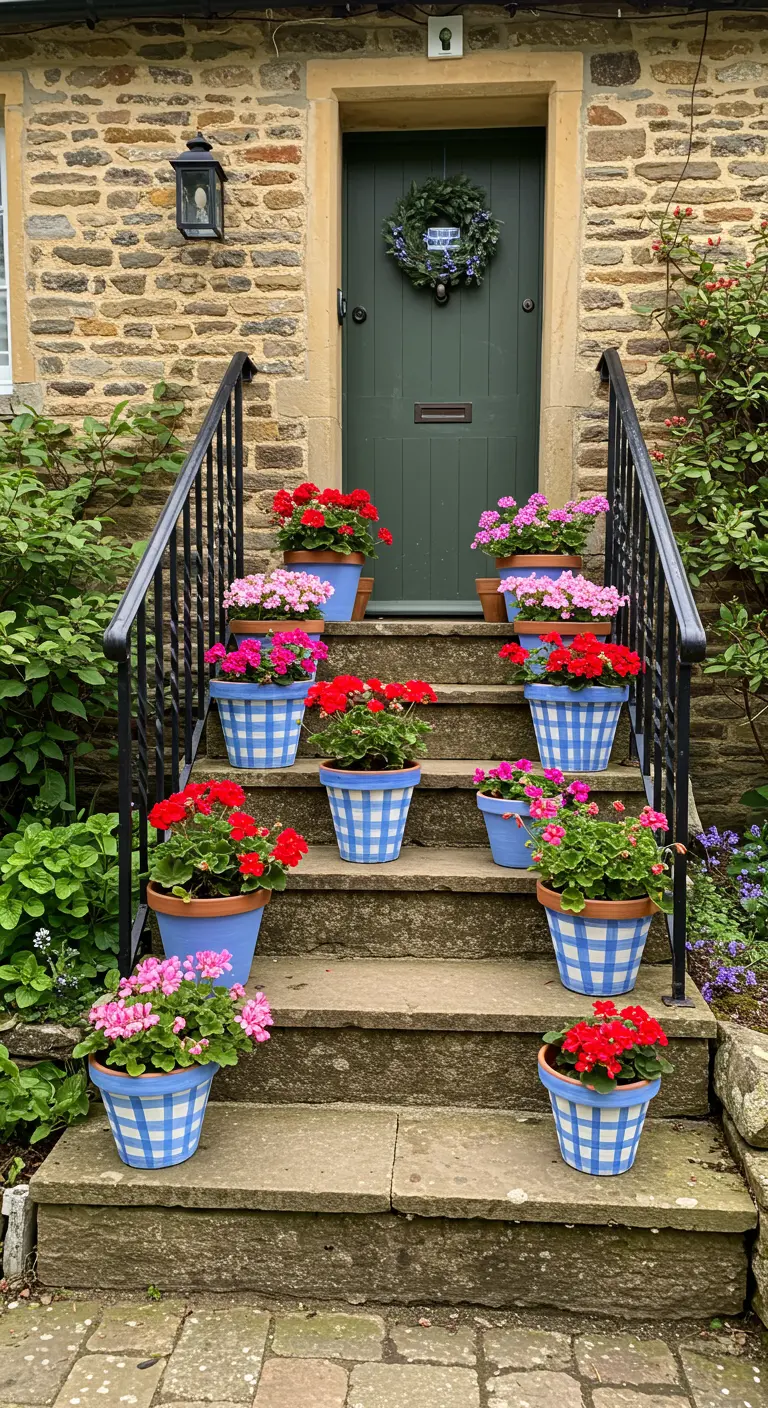 Macetas pintadas con un patrón de cuadros vichy en azul y blanco en unas escaleras.