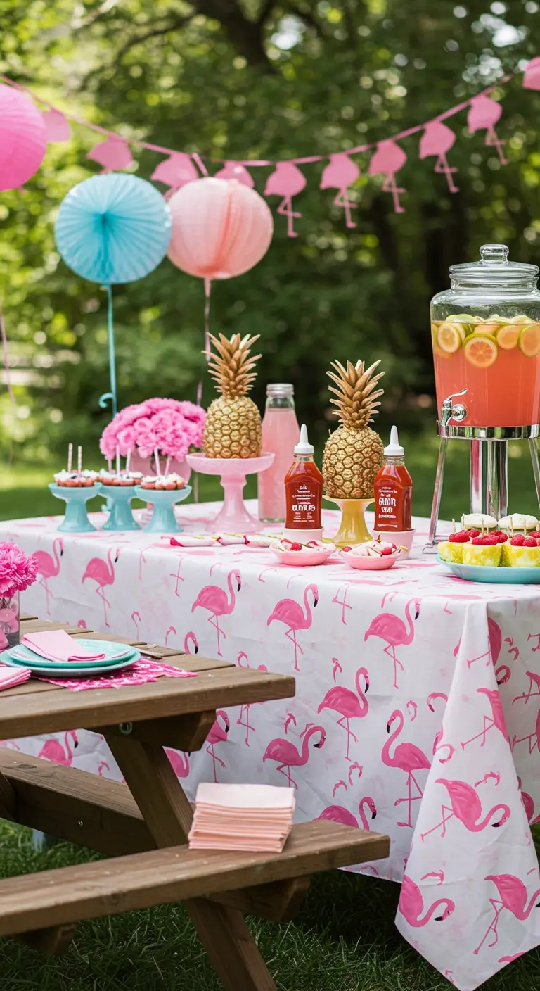 Mesa de picnic con mantel de flamencos, dispensador de limonada rosa y farolillos de papel.