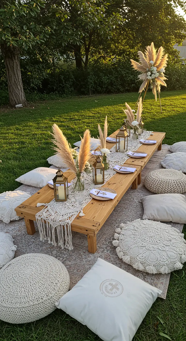 Mesa de picnic baja en el césped con cojines de macramé, plumeros de pampa y farolillos dorados.