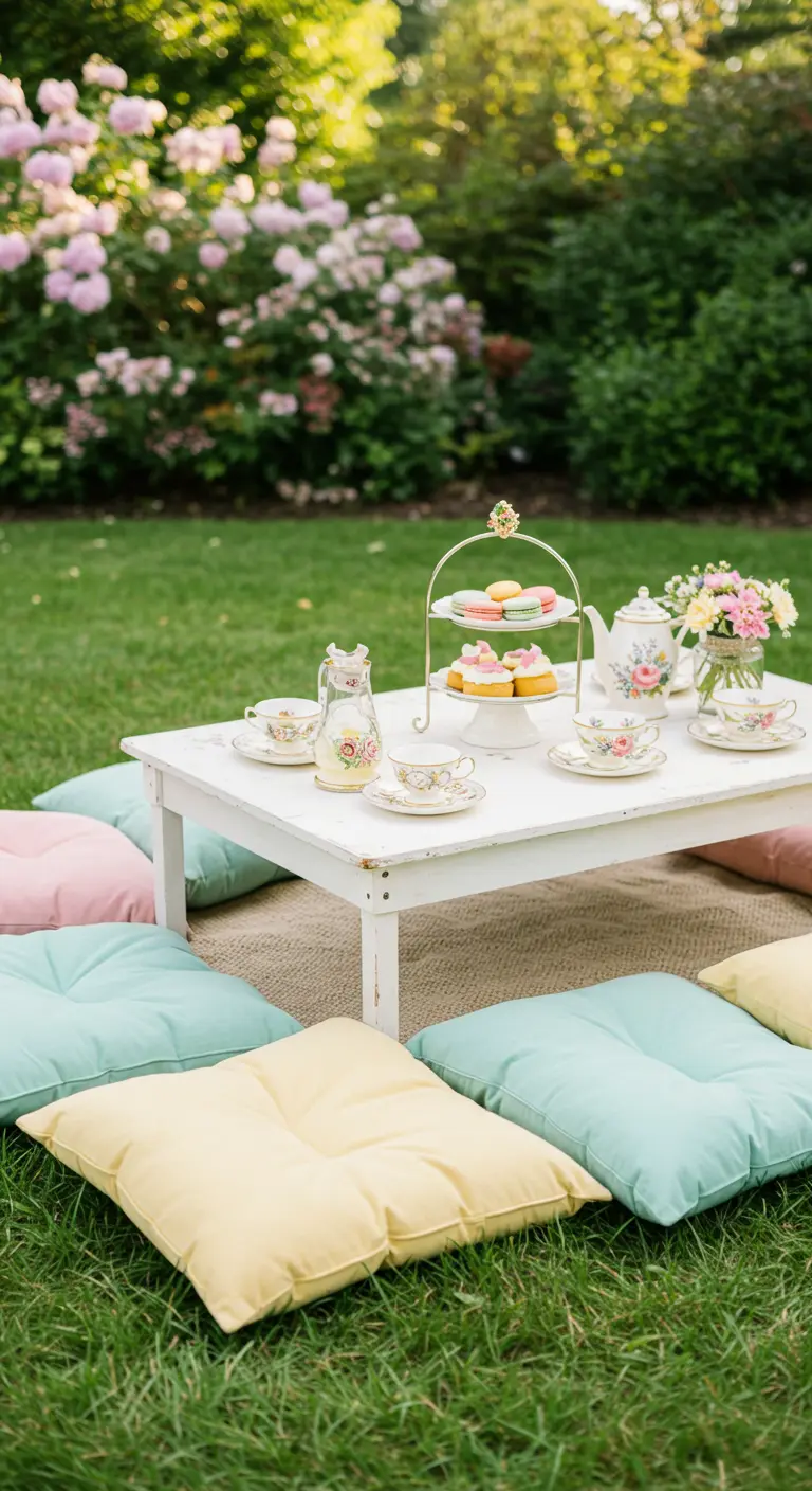 Mesa de picnic baja y blanca sobre el césped, rodeada de cojines de suelo en tonos pastel.