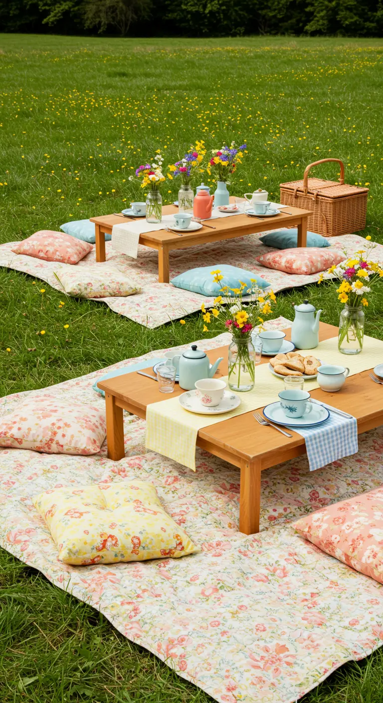 Dos mesas de picnic bajas en un prado verde, rodeadas de cojines y mantas florales.
