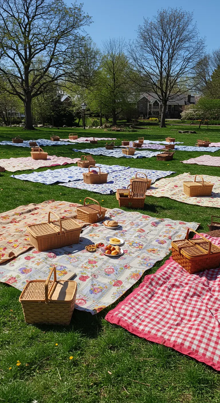 Gran reunión de picnic en un parque con múltiples mantas y cestas repartidas.