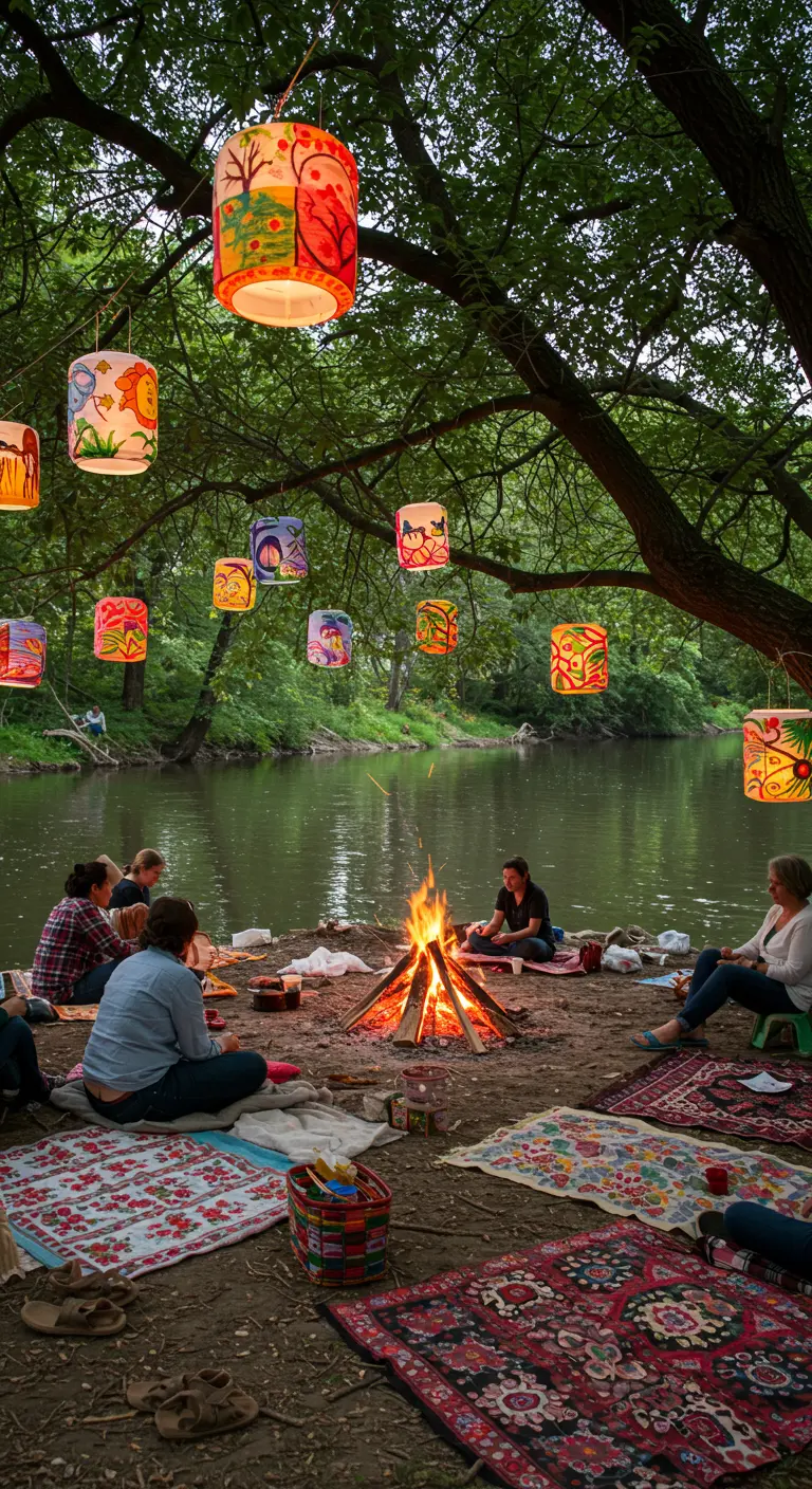 Grupo de personas en un pícnic junto a un río, con farolillos de colores colgando de un árbol.