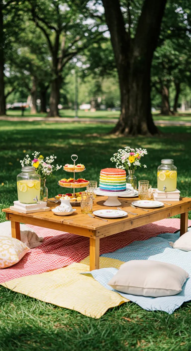 Picnic en el parque con pastel arcoíris y mantas de colores.