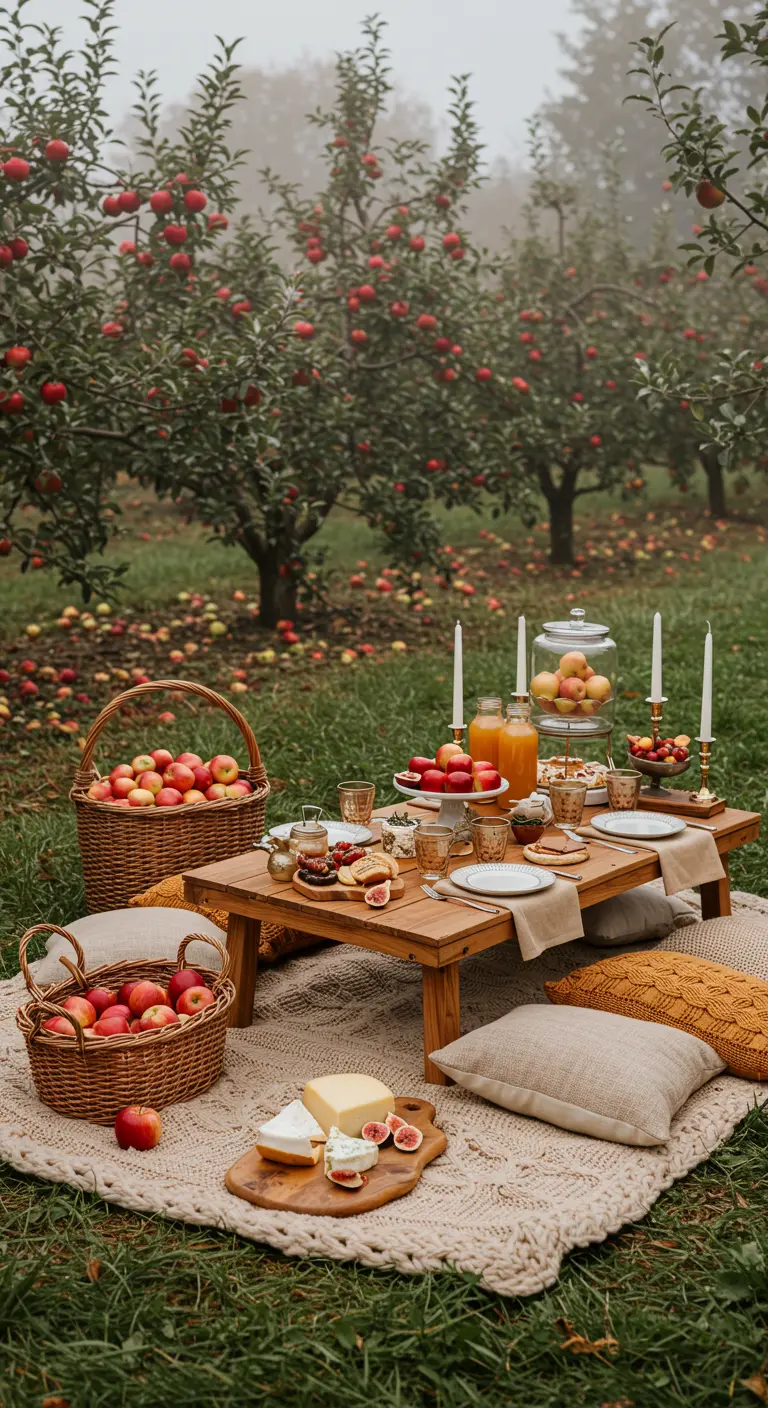 Mesa de picnic baja en un huerto de manzanos, con cestas de manzanas y cojines de punto.