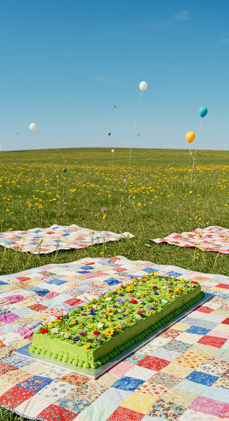 Pastel rectangular verde cubierto de florecillas en una manta de patchwork en el campo.