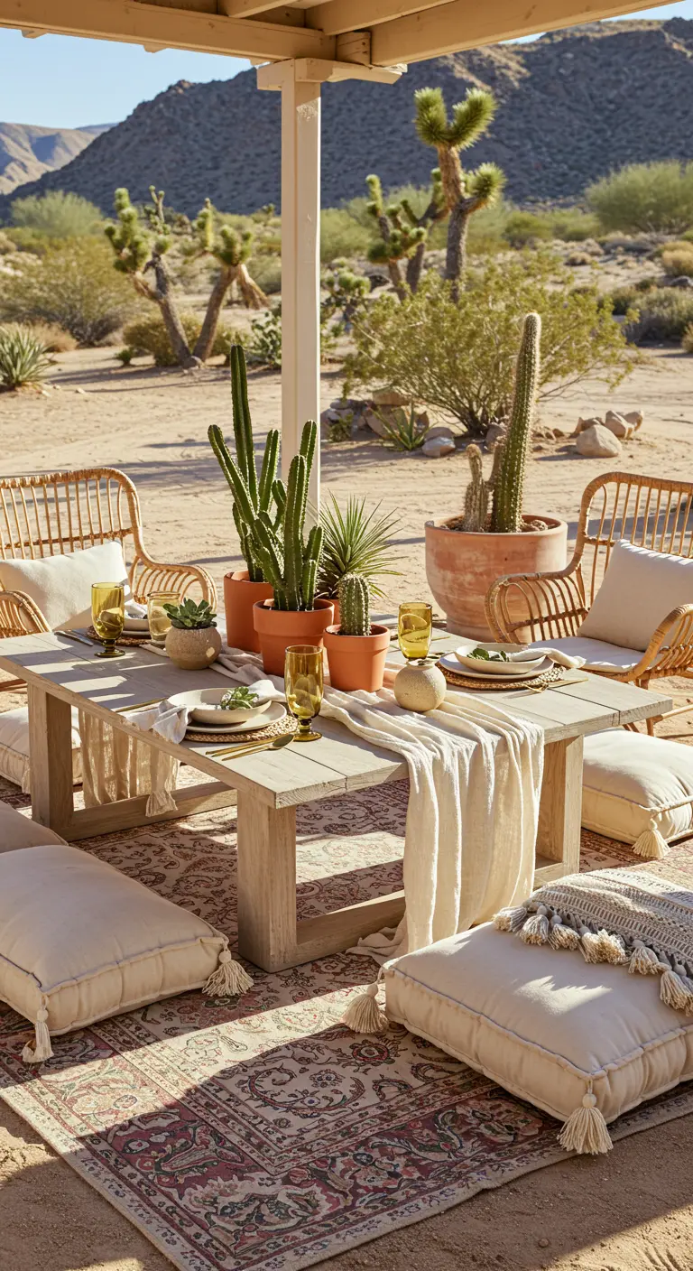 Mesa baja en un entorno desértico, rodeada de cojines en el suelo y cactus.
