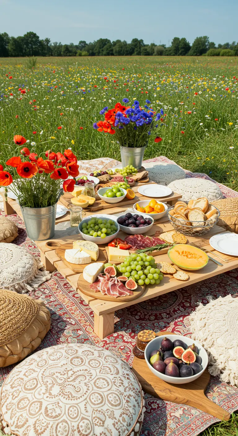 Picnic en un campo de flores con una mesa baja, cojines y una tabla de embutidos y frutas.