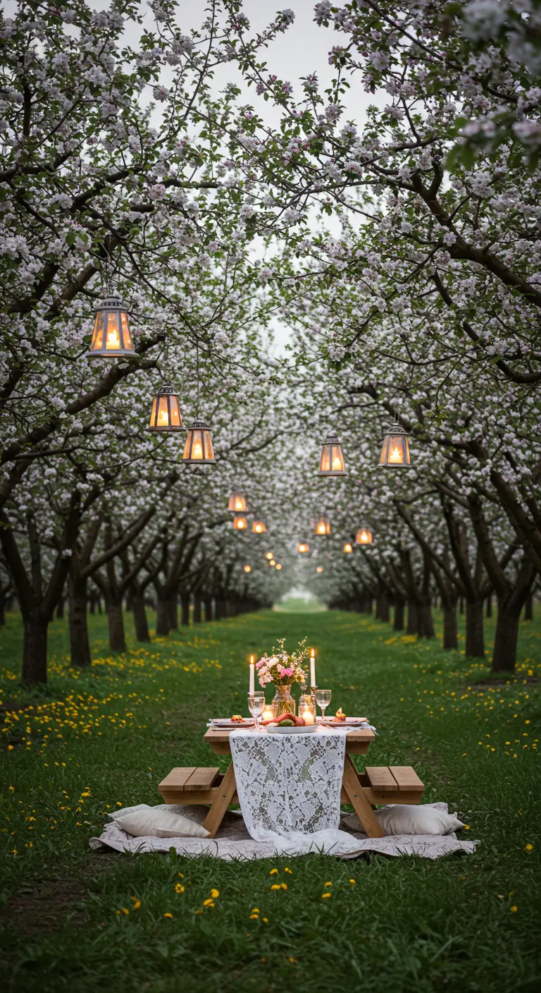 Mesa de picnic bajo árboles de manzano en flor, con farolillos colgando de las ramas.