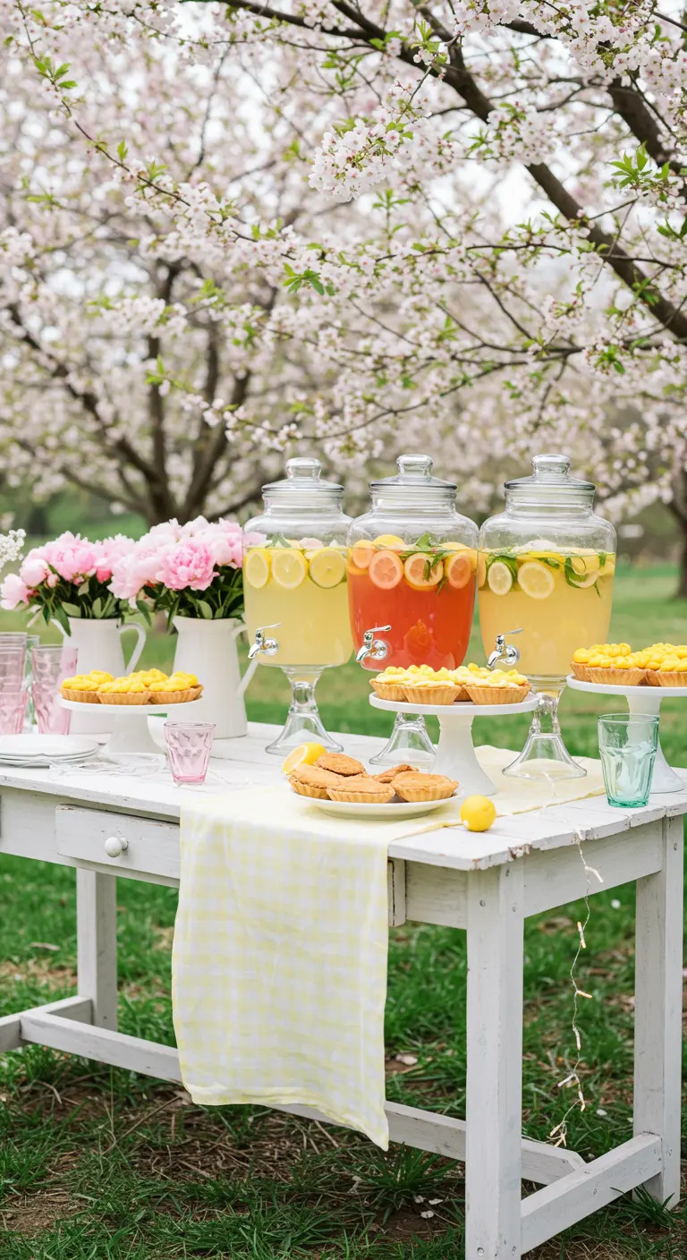 Mesa de limonada blanca rústica bajo cerezos en flor con dispensadores y postres.