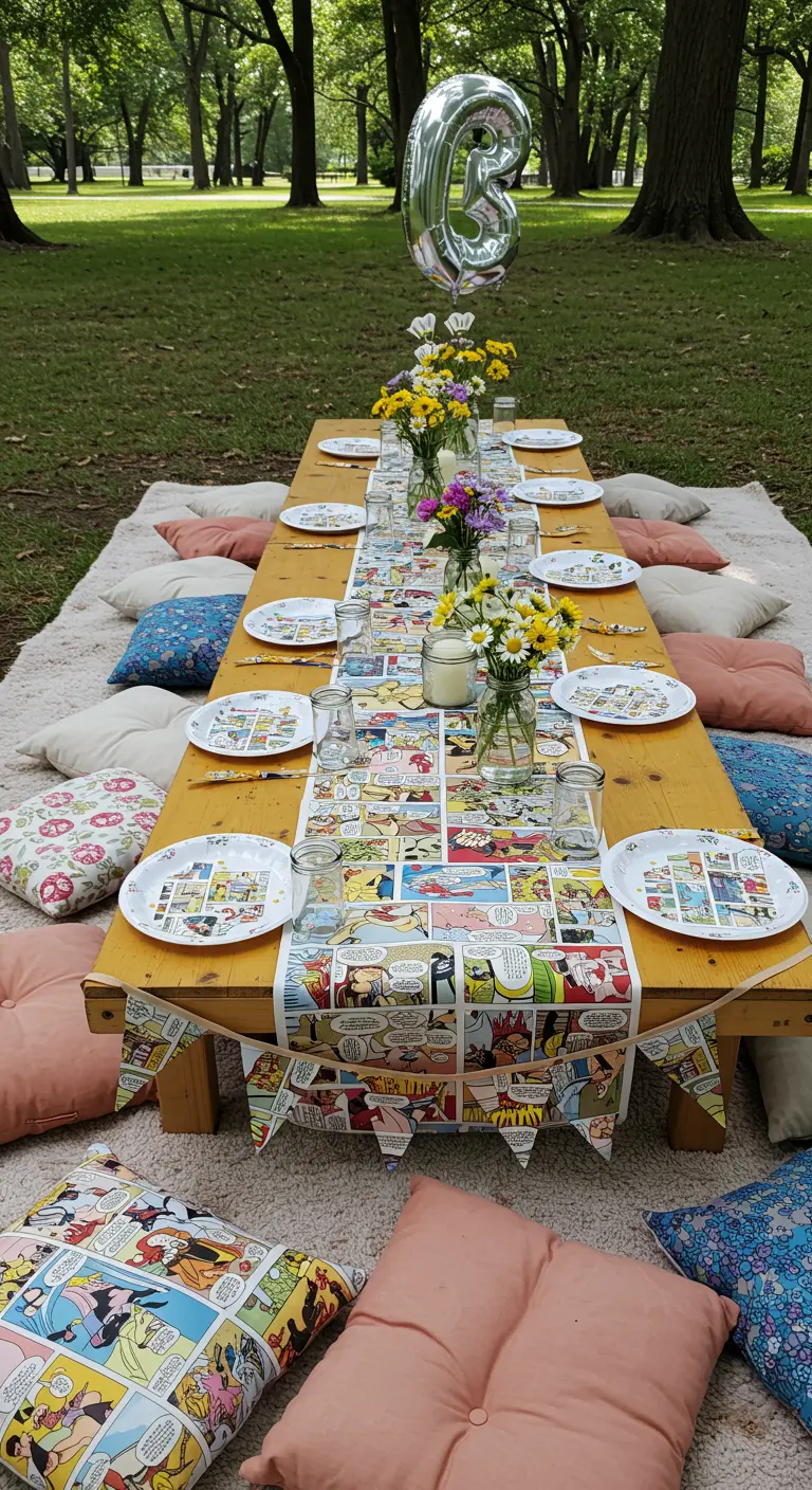 Mesa de picnic baja en el césped con un camino de mesa y cojines de cómics.
