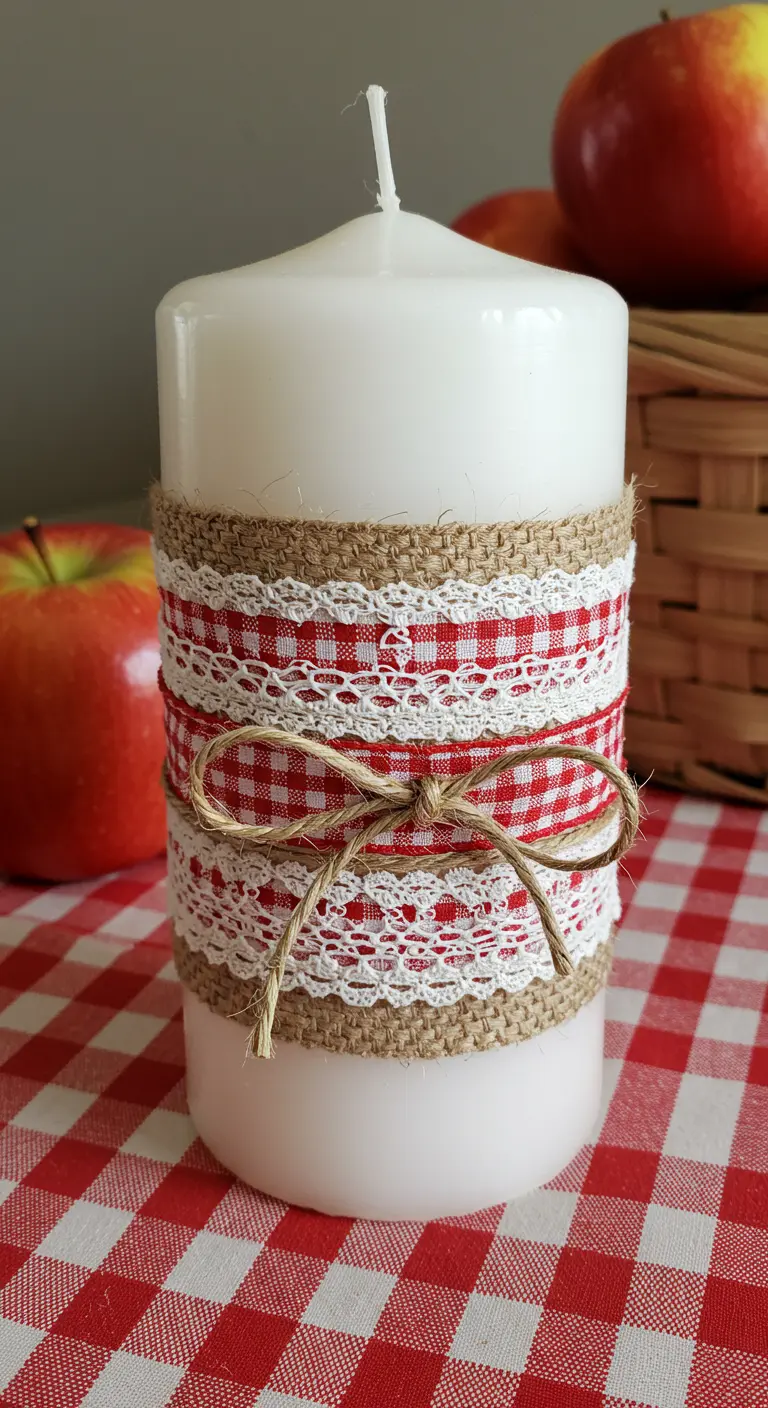 Vela blanca decorada con arpillera, encaje y una cinta de cuadros vichy rojos y blancos.