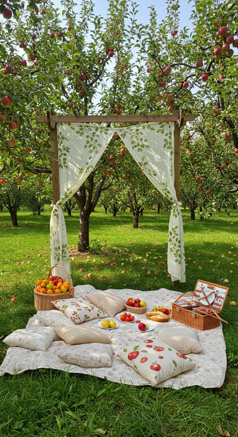Escena de pícnic en un campo de manzanos, con un arco de madera decorado con cortinas y cojines.
