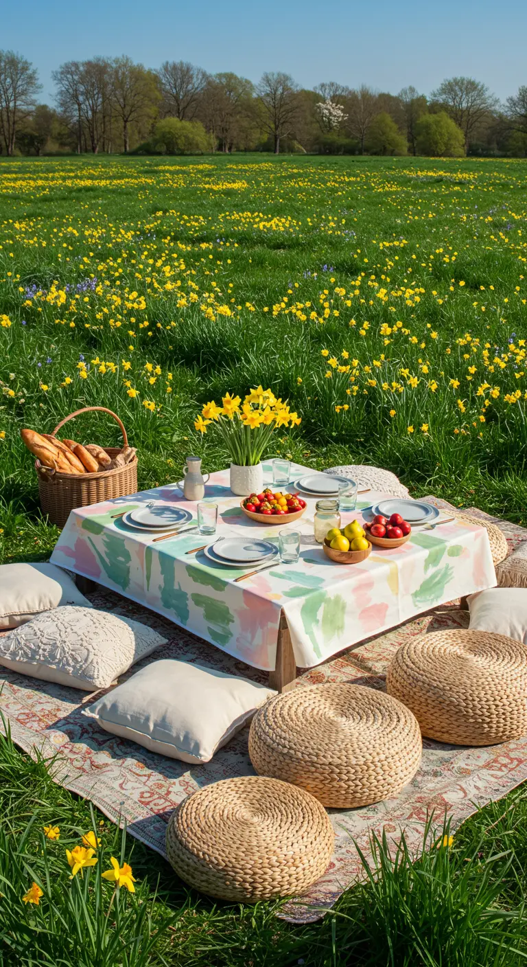 Mantel de acuarela pastel en un picnic sobre un campo de narcisos.