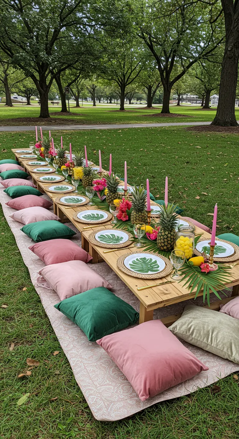 Mesa de picnic larga y baja en el césped, rodeada de cojines de terciopelo rosa y verde.