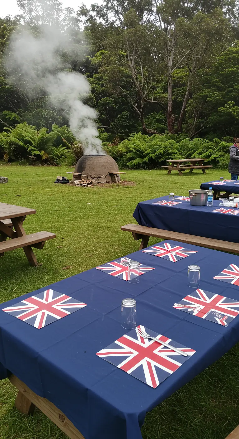 Mesas de picnic con manteles azules y salvamanteles con la bandera de Nueva Zelanda.