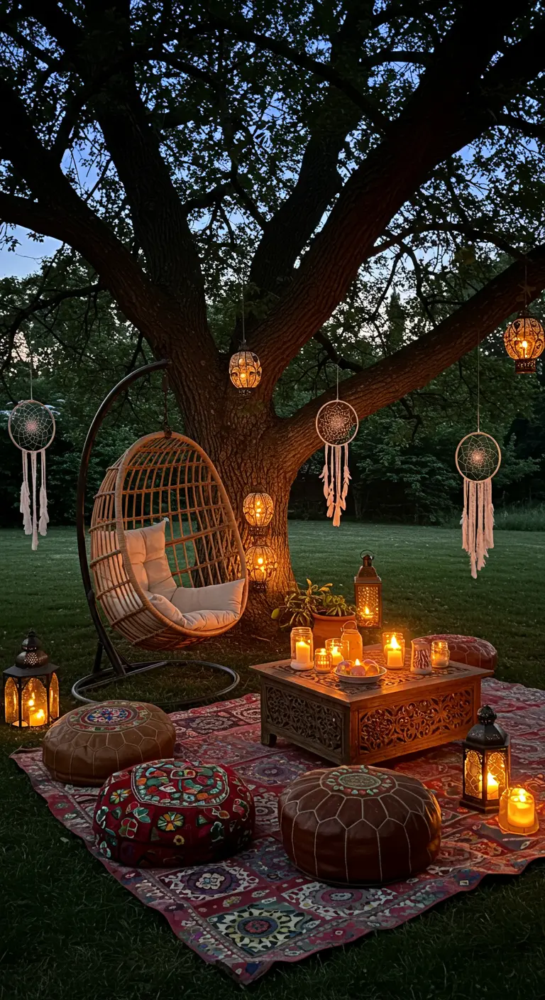 Escena nocturna en el jardín con silla colgante, alfombra, pufs y atrapasueños iluminados