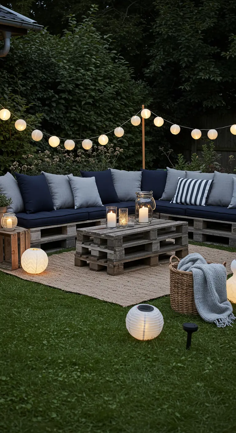 Muebles de palets en el césped con cojines azul oscuro, una alfombra de yute y lámparas de papel.