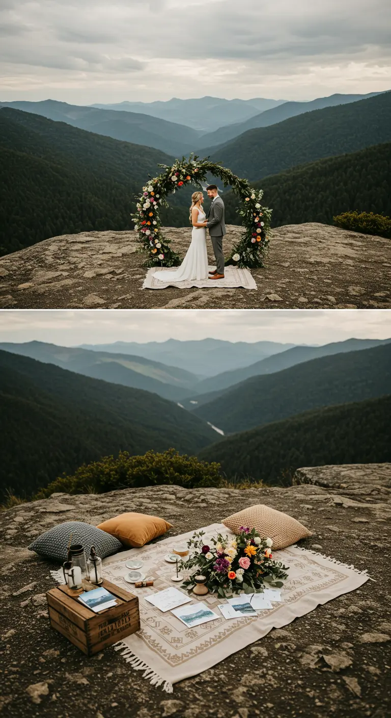 Picnic romántico en una montaña con manta, cojines, flores y vistas panorámicas.