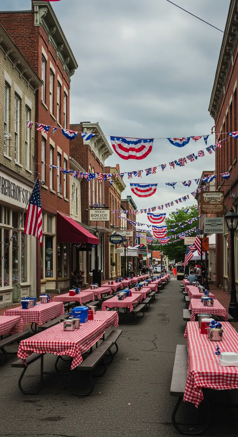 Calle preparada para una fiesta con mesas de picnic con manteles a cuadros y banderas americanas.