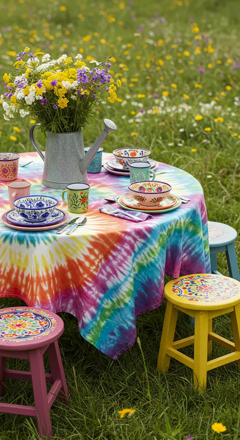 Mesa redonda en un prado con mantel tie-dye, taburetes de colores y vajilla artesanal.