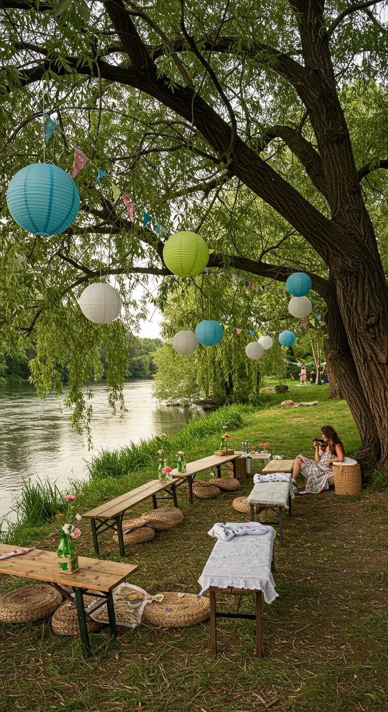 Picnic junto al río con lámparas de papel azules y verdes colgando de un sauce.