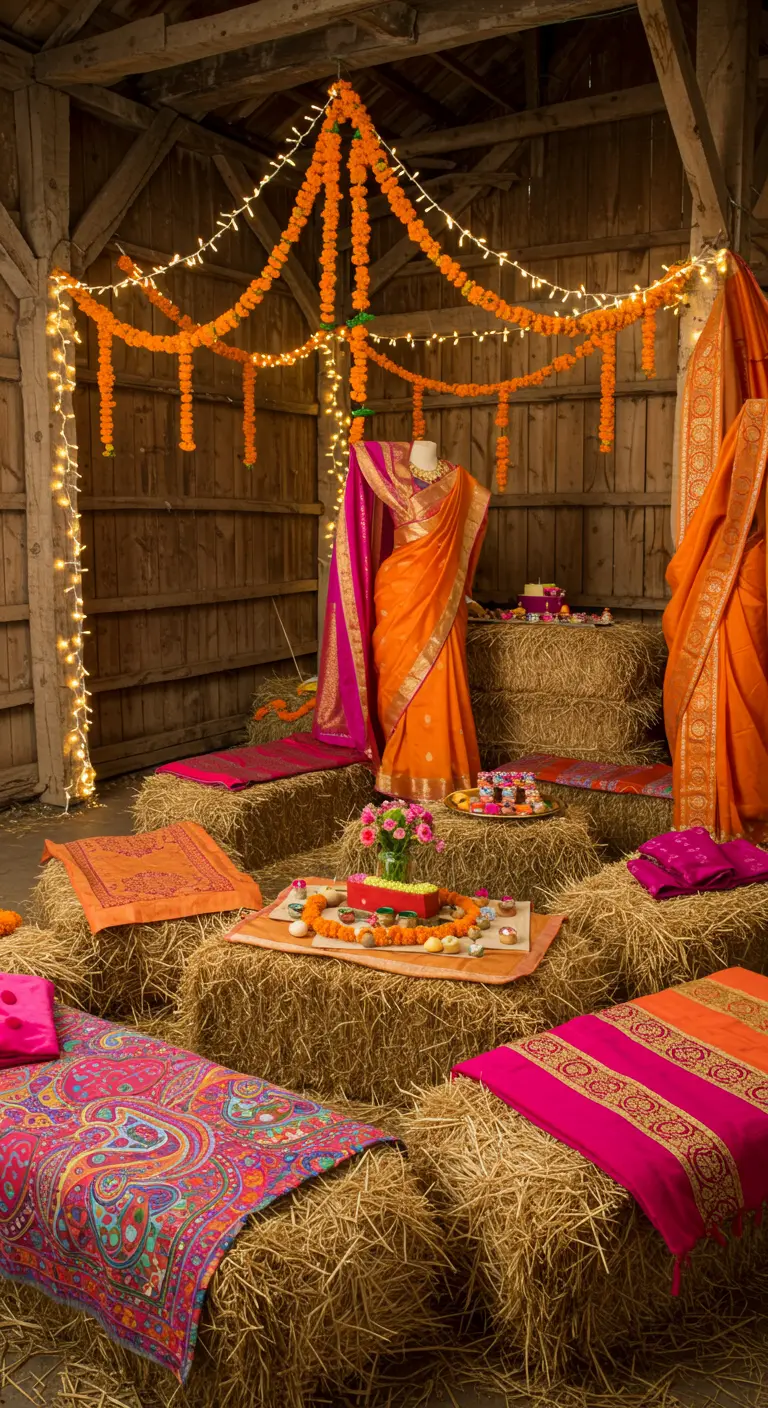 Rincón de fiesta rústico con balas de paja usadas como asientos, cubiertas con telas de colores.