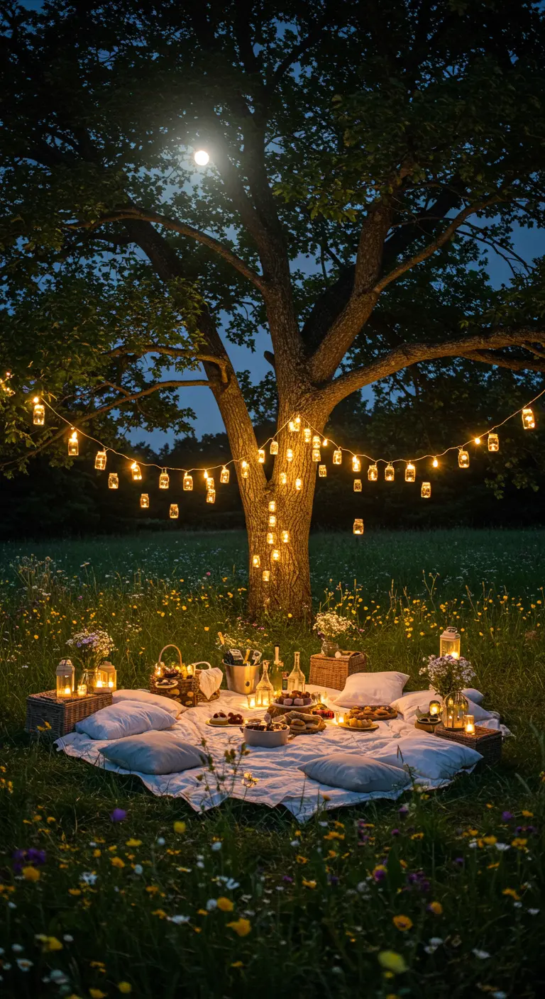Picnic nocturno en un prado bajo un árbol iluminado con frascos de luces colgantes.