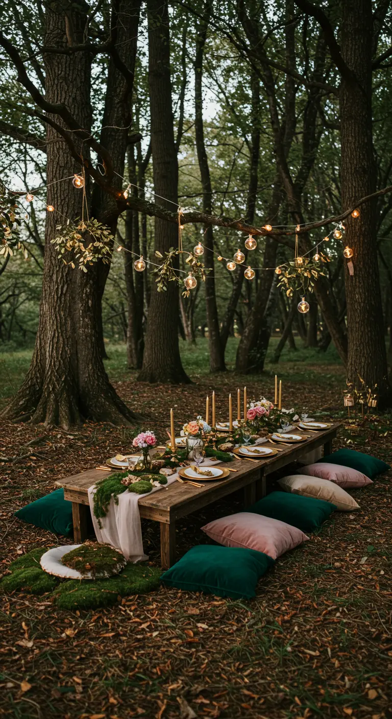 Mesa de picnic baja en un bosque con cojines de terciopelo y luces colgantes.
