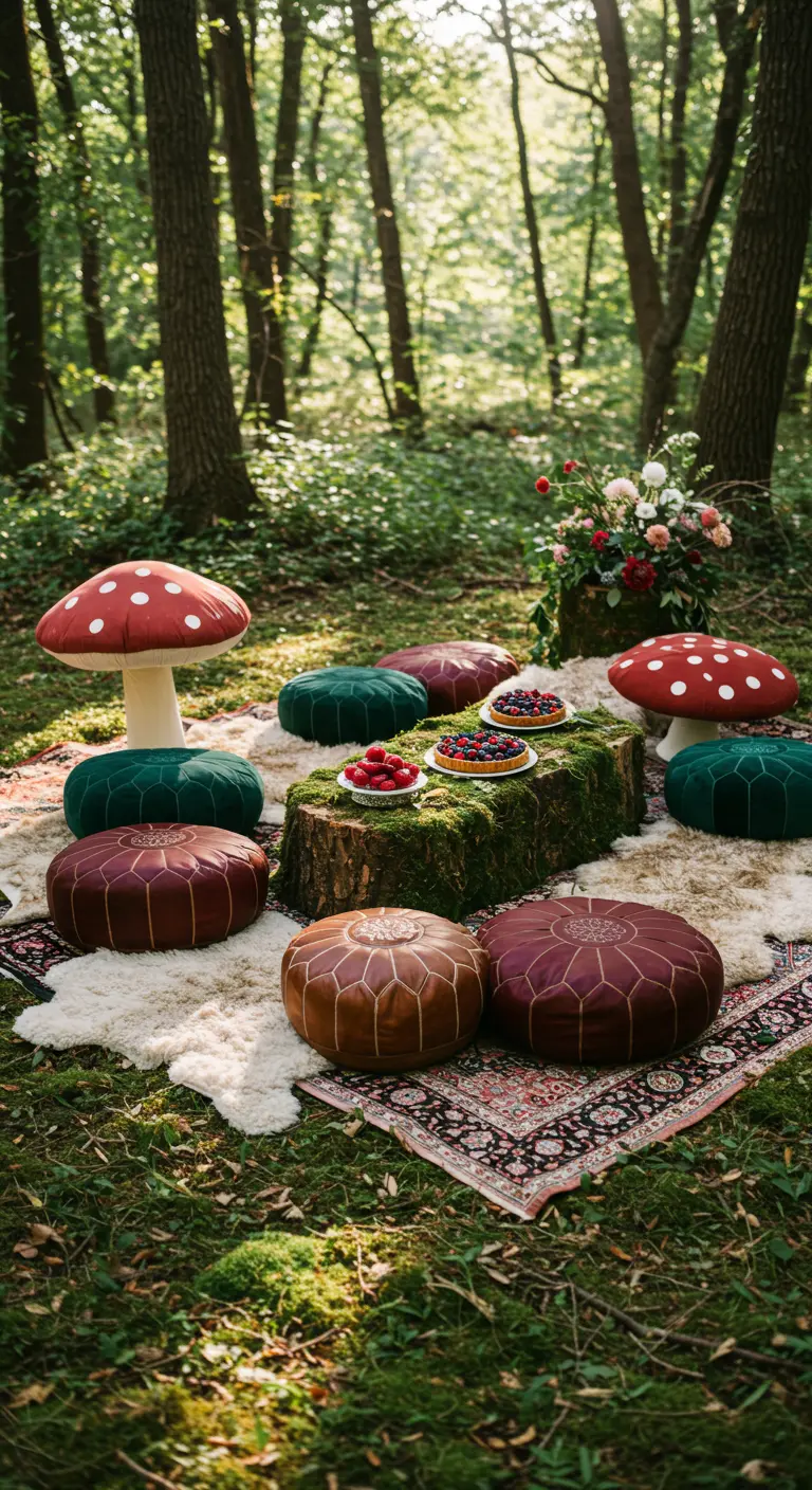 Rincón de picnic en el bosque con pufs, setas gigantes y un tronco como mesa.