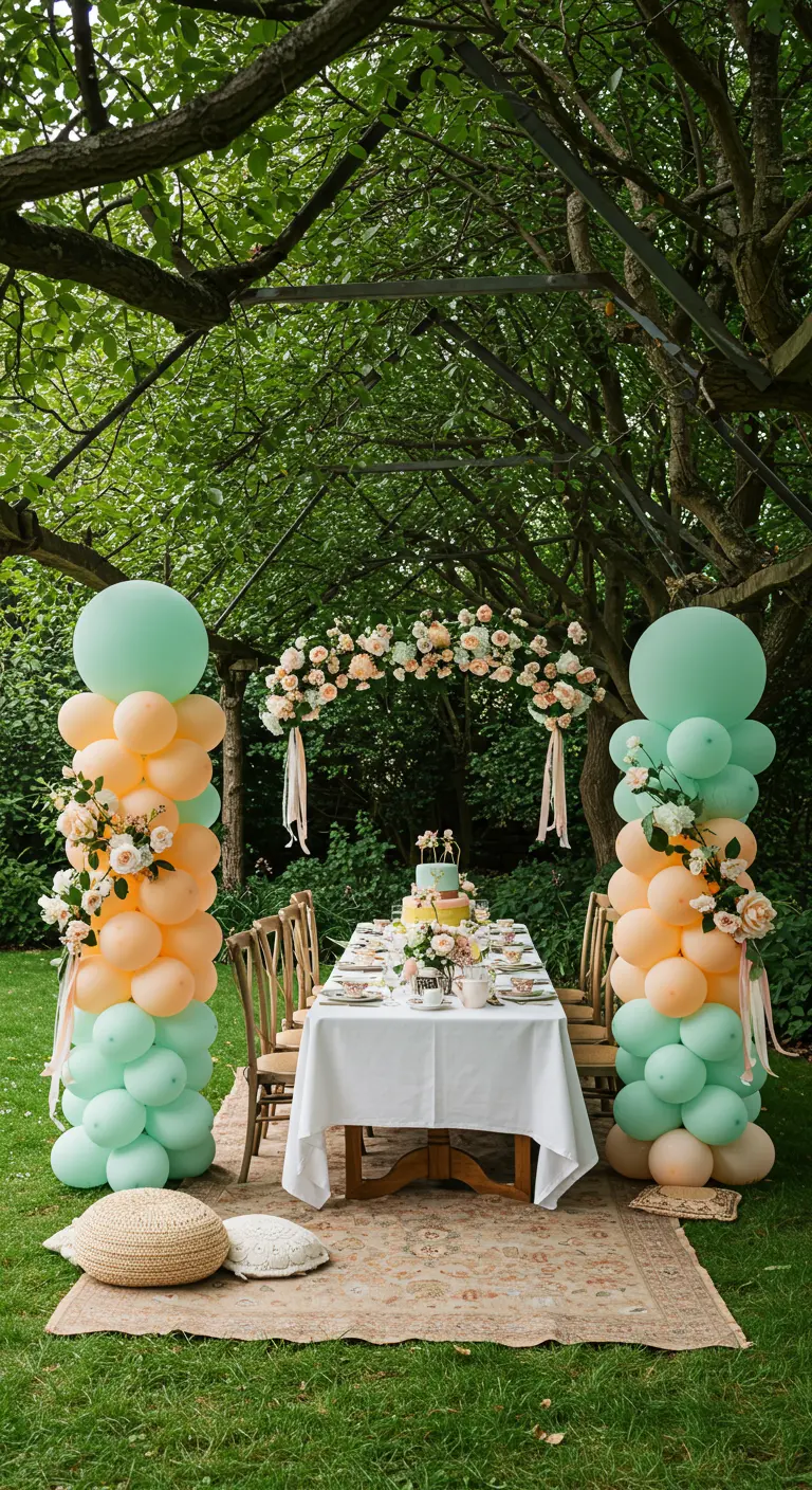Columnas de globos en menta y melocotón con flores frescas en un jardín para un picnic.