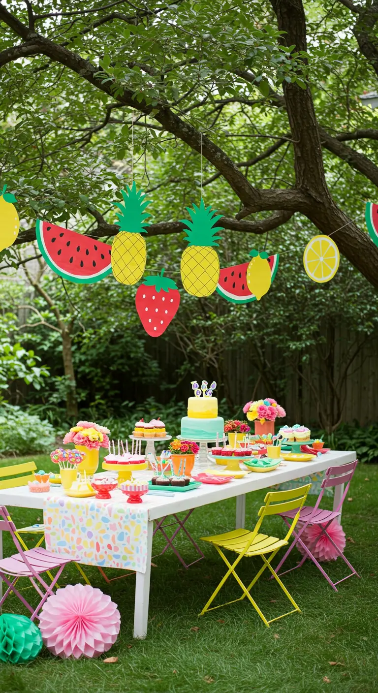 Mesa de fiesta en el jardín bajo una guirnalda de papel con forma de frutas tropicales.