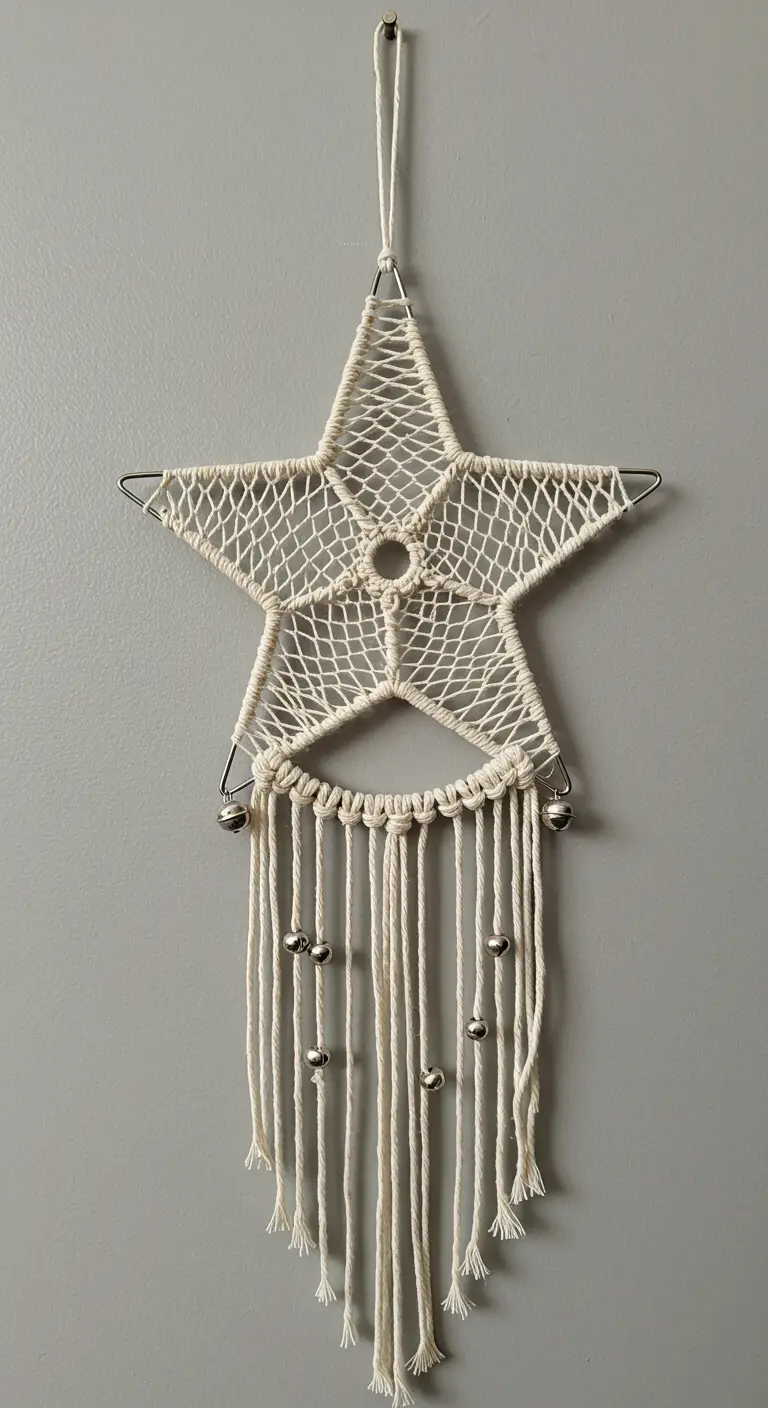 Atrapasueños de macramé blanco en forma de estrella con cascabeles plateados colgando de los flecos.
