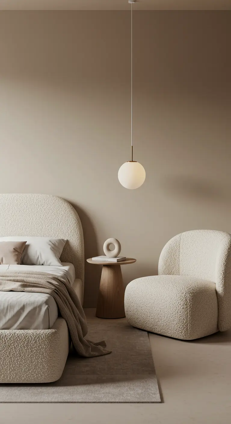 Dormitorio con cama y sillón de bouclé con formas redondeadas y orgánicas.