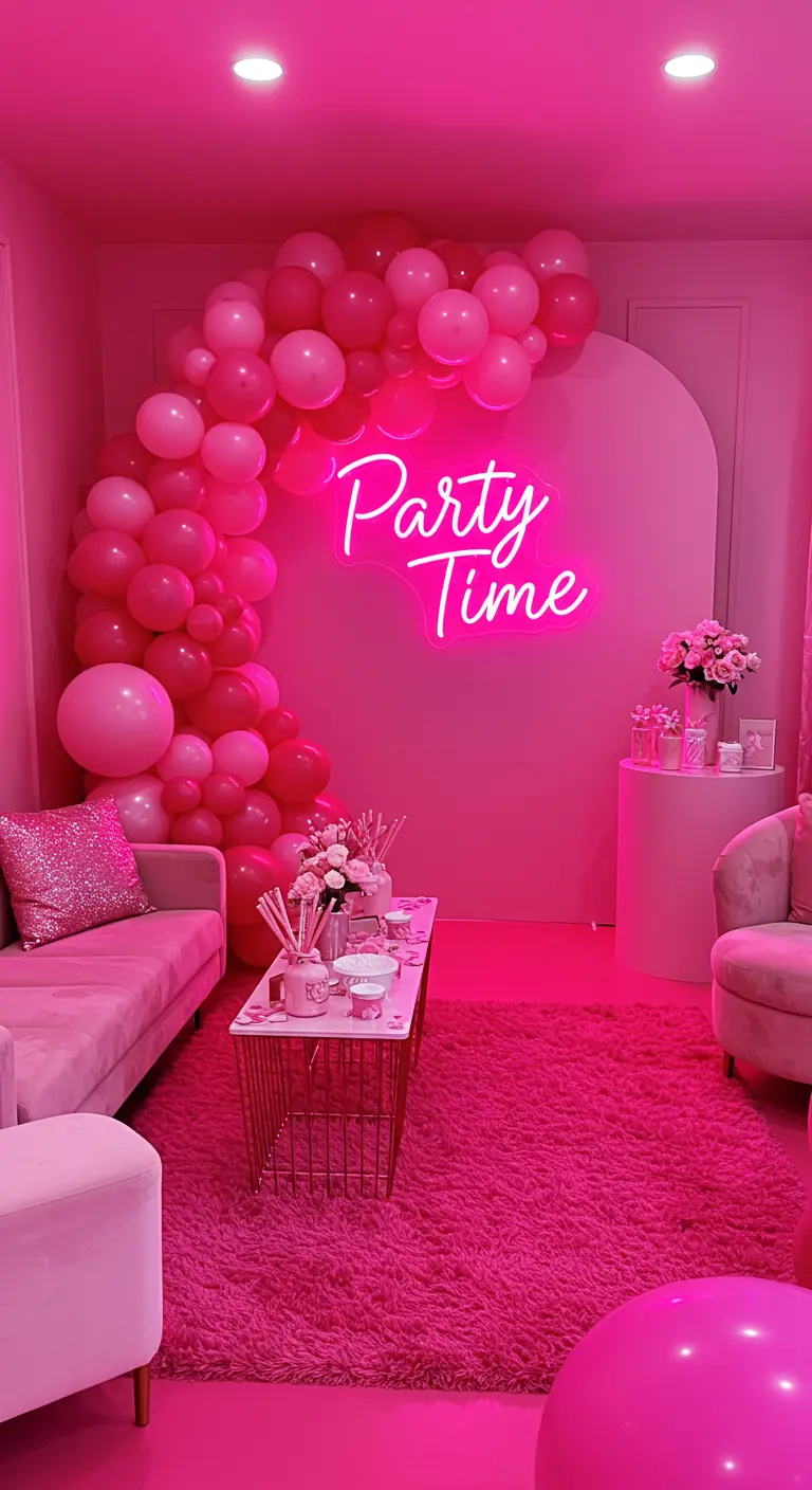 Sala de estar totalmente rosa con un letrero de neón 'Party Time' y un arco de globos.