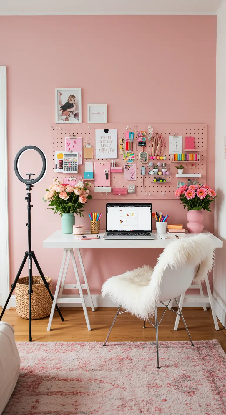 Oficina en casa con paredes rosas, un tablero perforado rosa, escritorio blanco y una silla de piel sintética.